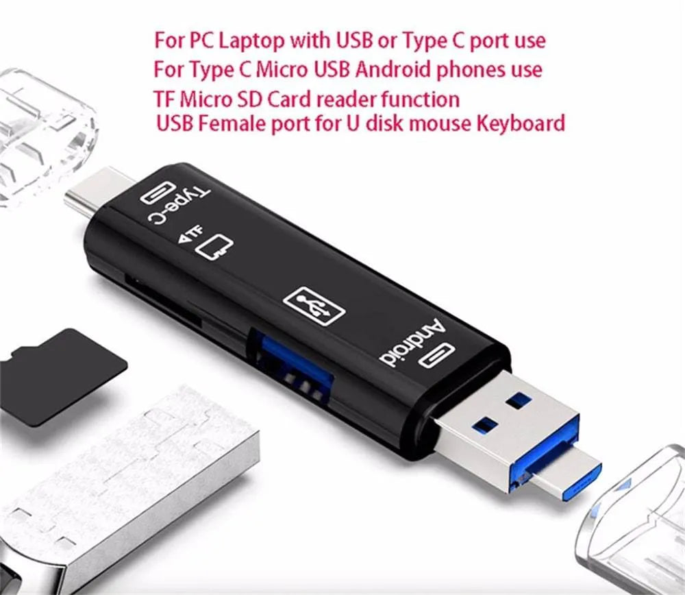 Black USB-C OTG hub adapter with Micro USB port and TF card reader slot