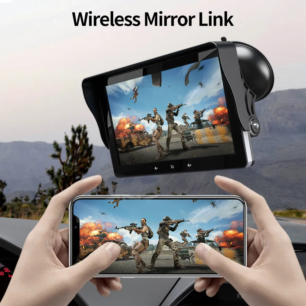 7-inch wireless CarPlay car display with suction cup mount on a dashboard