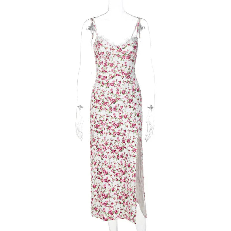 Women's long lace floral print dress with side slit and adjustable suspender straps in blue, green, or red