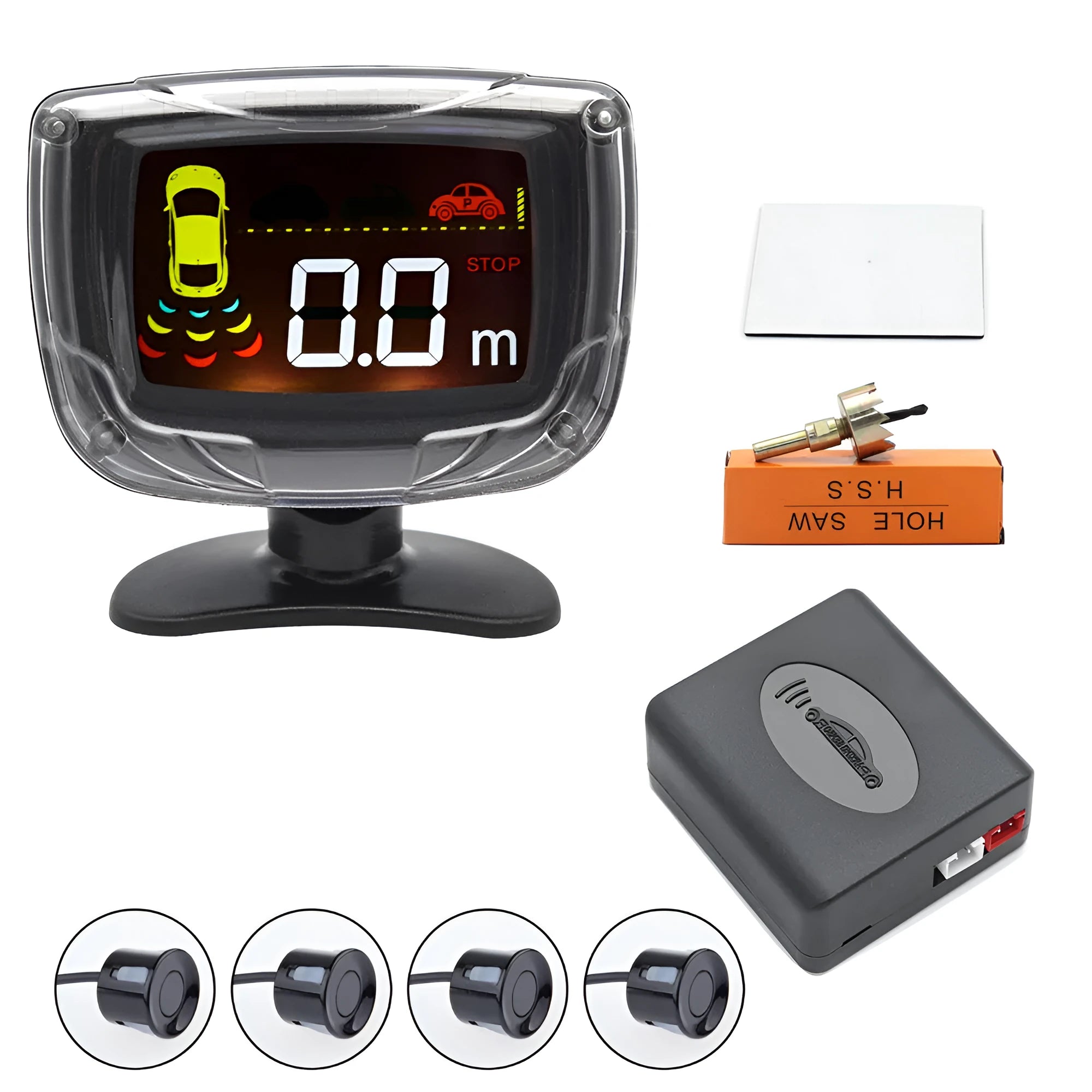 Wireless vehicle reversing sensor kit with digital display, four probes, and installation tools