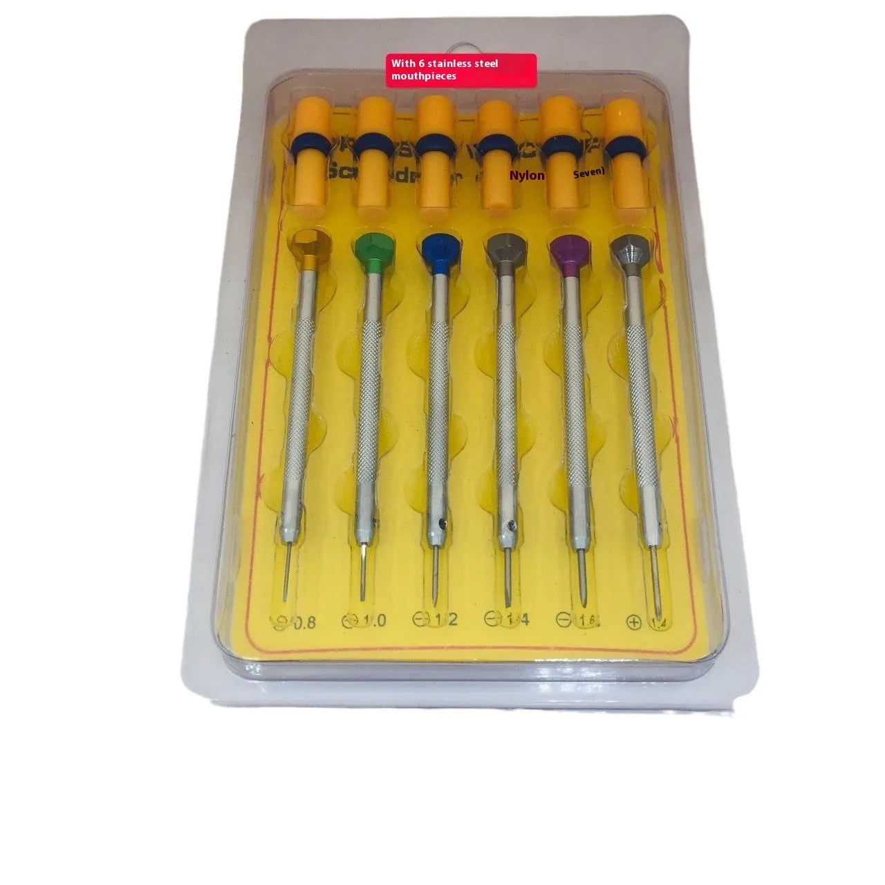 Six colour-coded watch repair screwdrivers with copper handles arranged in aluminium case