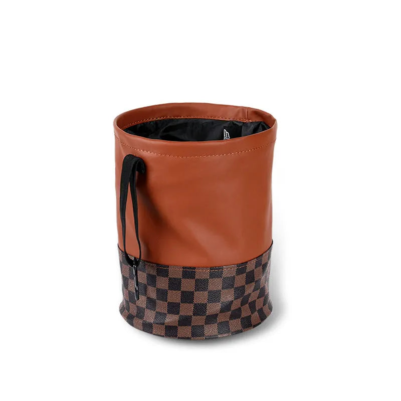 Leather retractable car interior trash can shown in folded and open states with carry handle.
