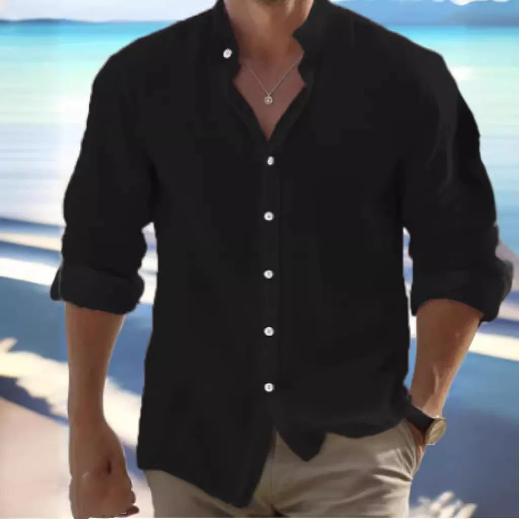 Men's casual button-up summer shirt in long-staple cotton, shown in a light colour on a model.