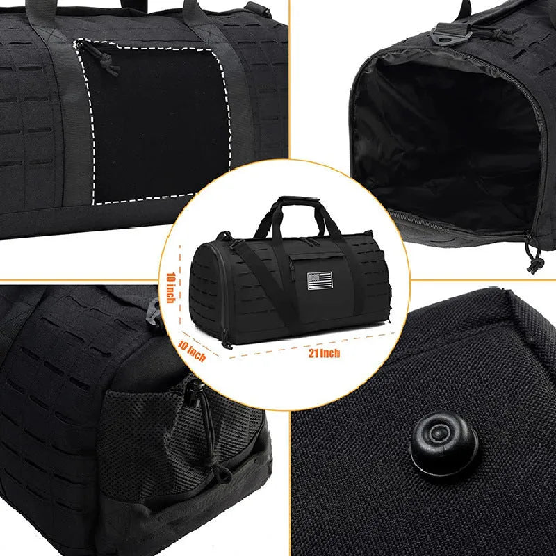 Men's khaki waterproof Oxford cloth sports handbag with air pillow strap, showing large main compartment.