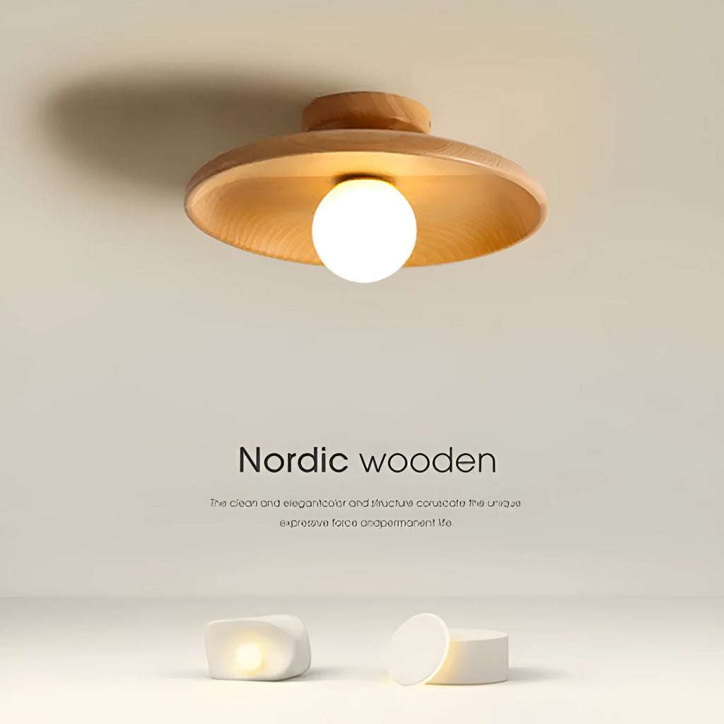 Modern solid wood ceiling lamp with glass shade in wood or walnut finish, available in three sizes.