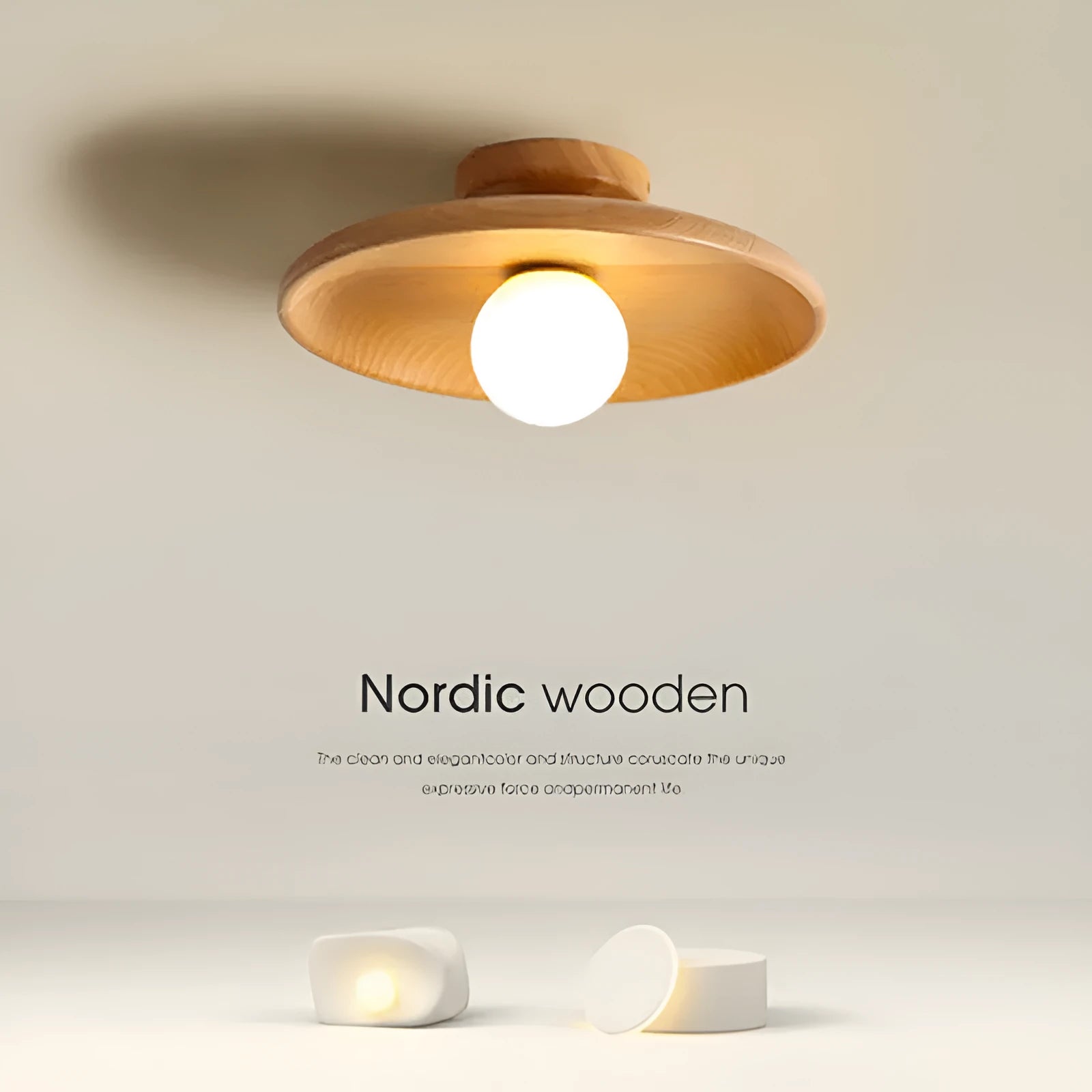Modern solid wood ceiling lamp with glass shade in wood or walnut finish, available in three sizes.