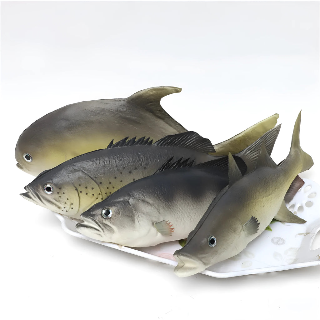 PU simulated fish ornaments set showing yellow-fin tuna, yellow fin tuna and small tuna aquarium decor models