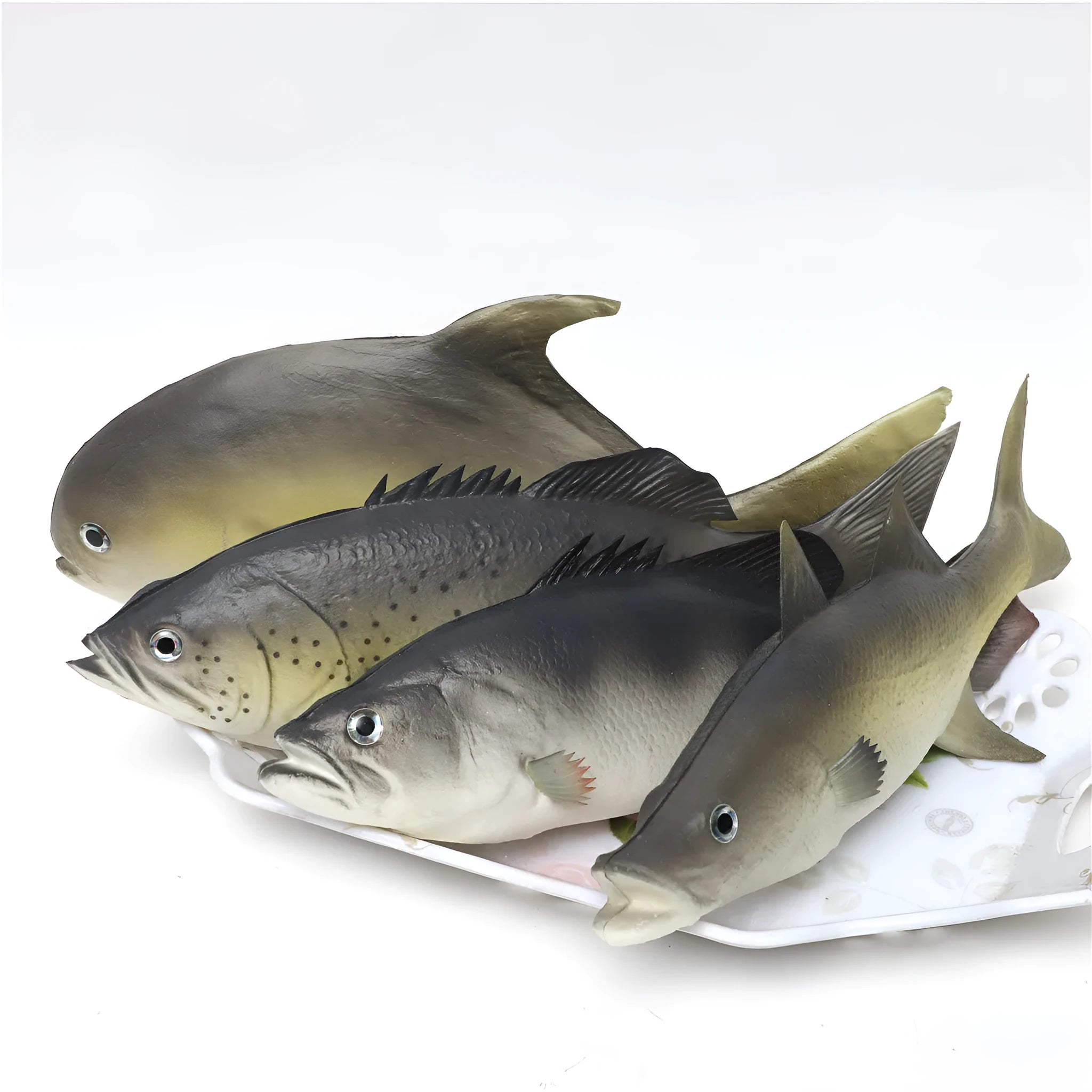 PU simulated fish ornaments set showing yellow-fin tuna, yellow fin tuna and small tuna aquarium decor models