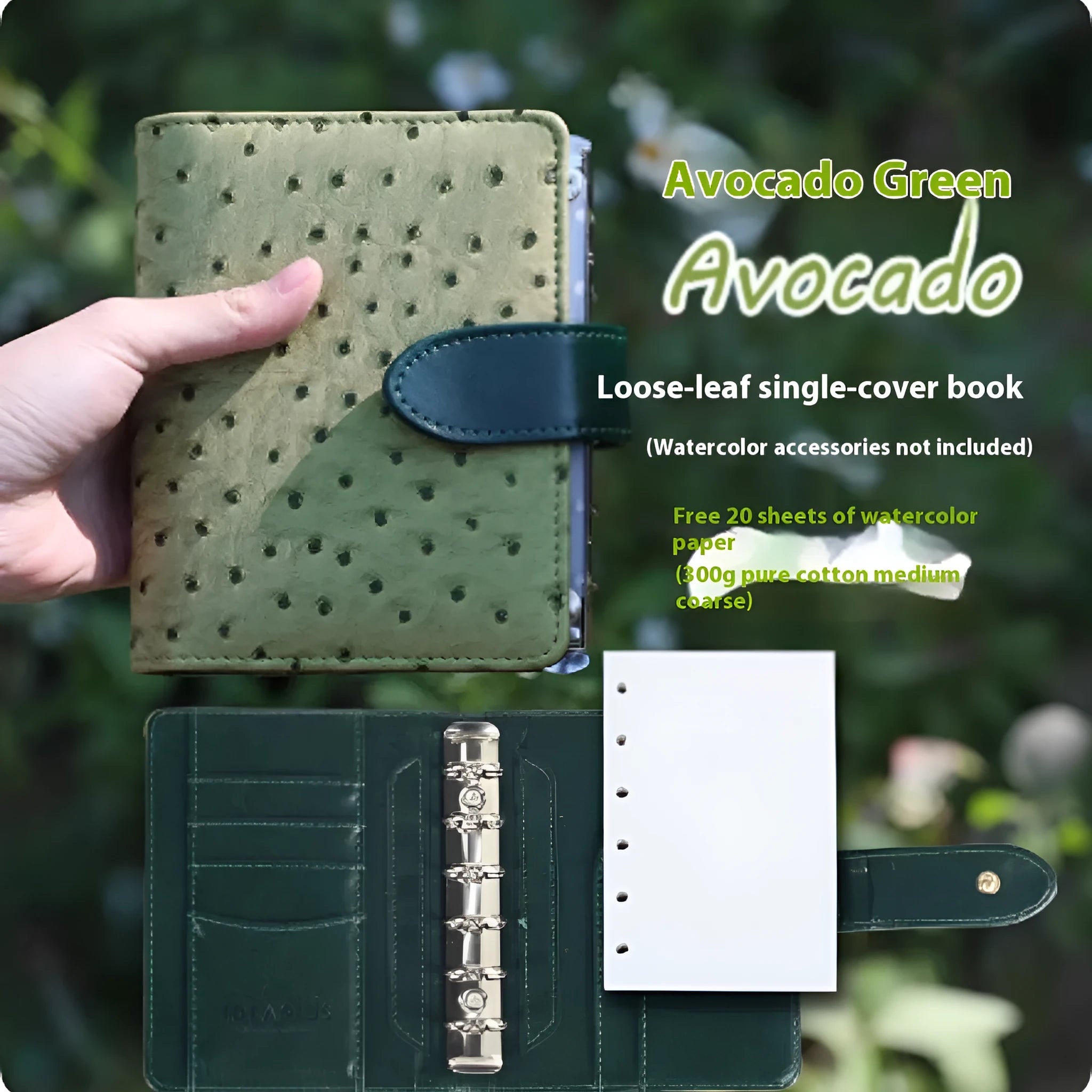 A7 loose-leaf watercolour notebook with twin-wire binding shown in avocado green colour