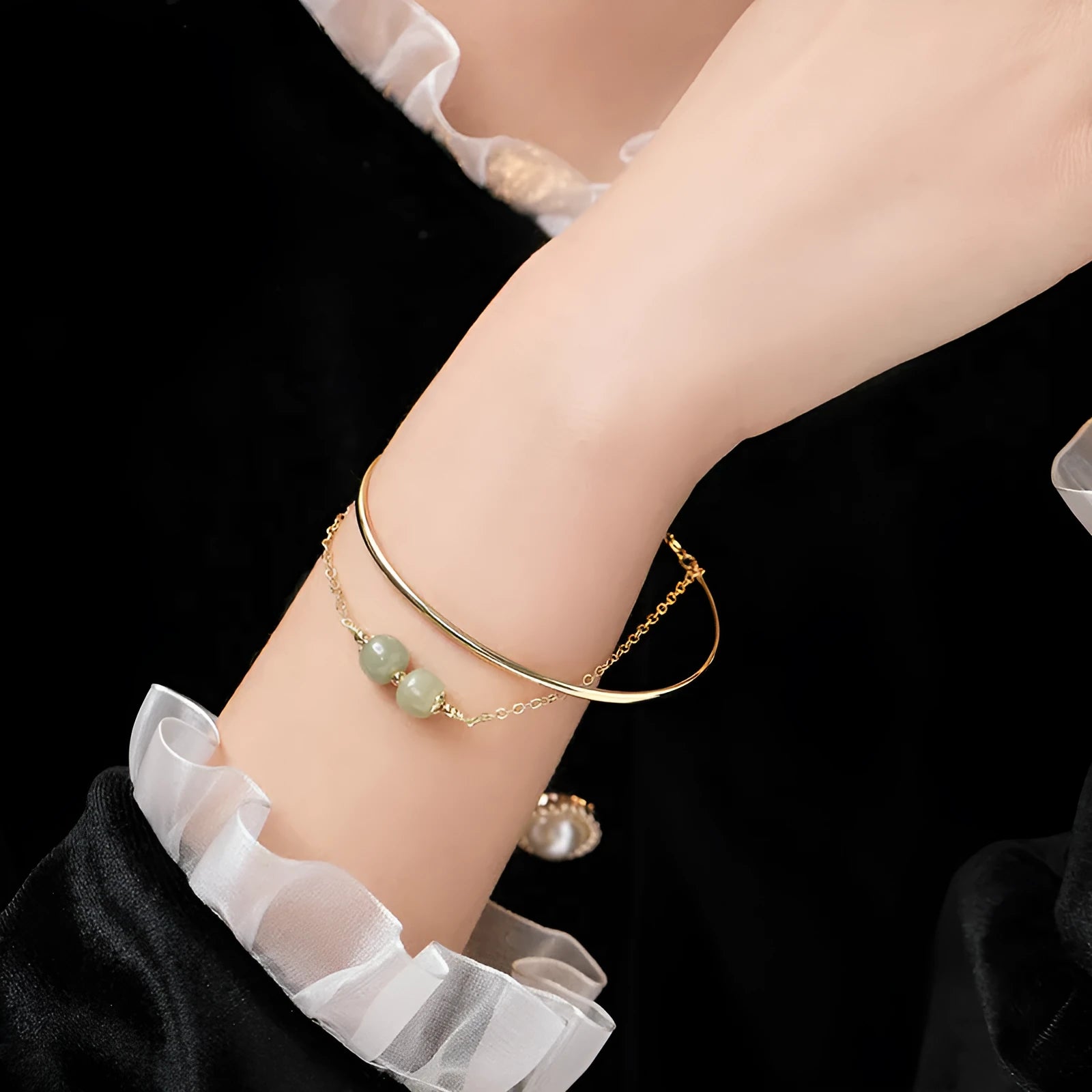 Jade lucky beads bracelet for women with gold inlay, shown in single, double, and three bead versions.