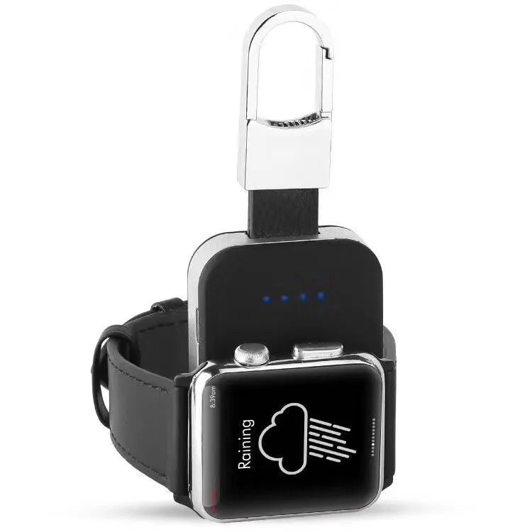 Black Apple Watch keychain power bank showing portable wireless charger dimensions