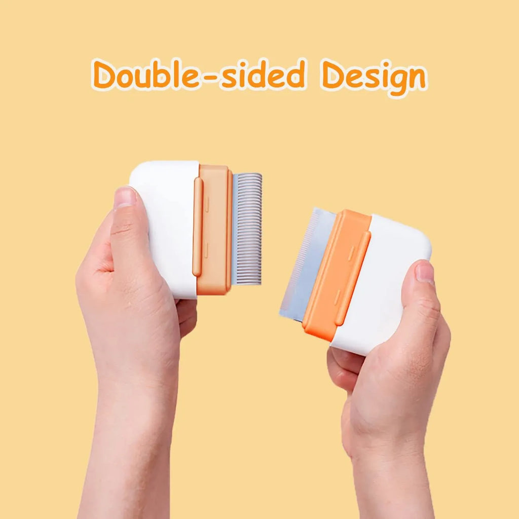 Blue double-sided pet grooming comb for deshedding and massage on cats and dogs.