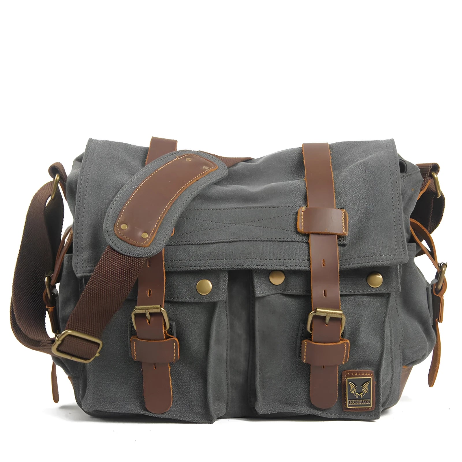 Men's Army Green canvas crossbody shoulder bag with cowhide details and a postman flap.