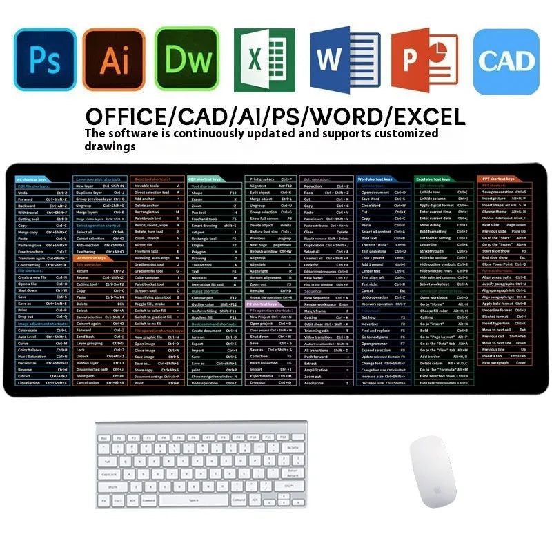 Super large office mouse mat with printed English keyboard shortcut keys in multiple size options