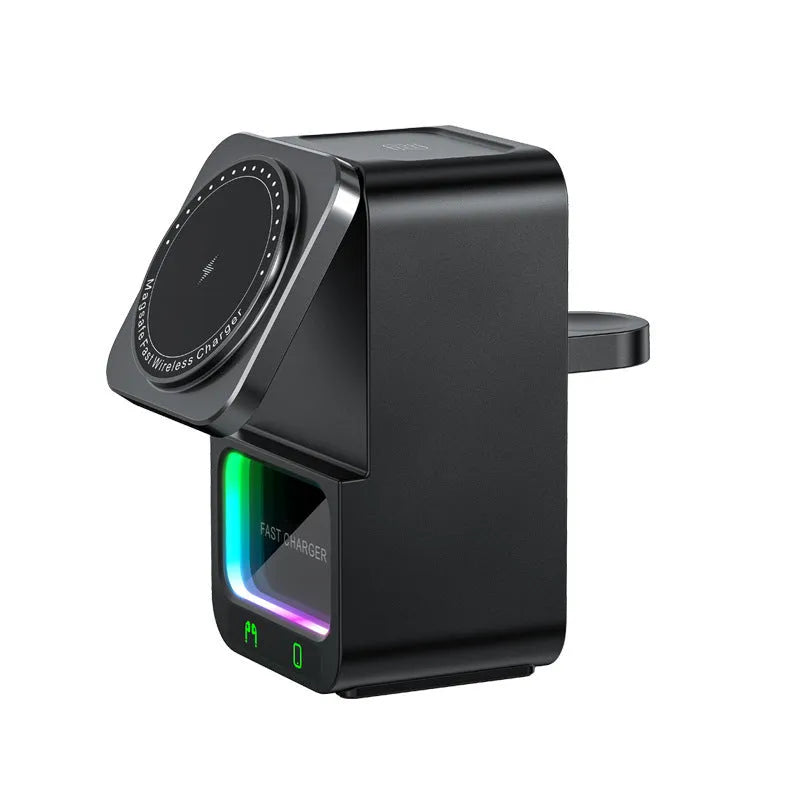 White 5-in-1 Bluetooth speaker wireless charger with magnetic charging support and QC3.0 fast charging