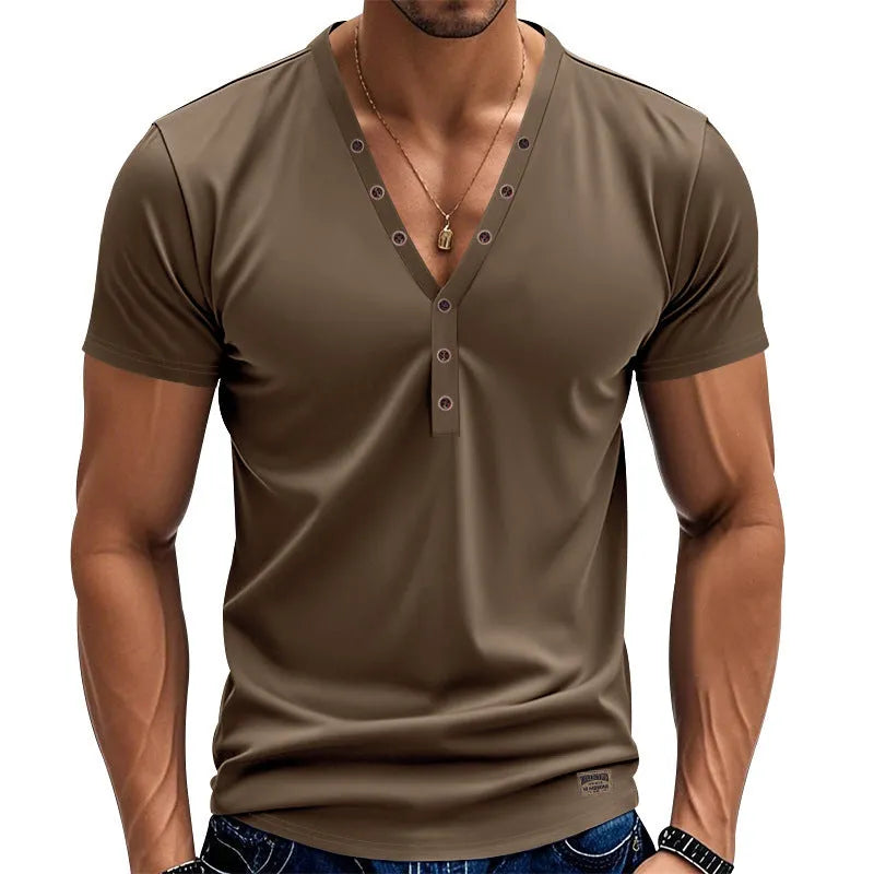 Men's loose thin v-neck pullover top with button detail in light blue colour