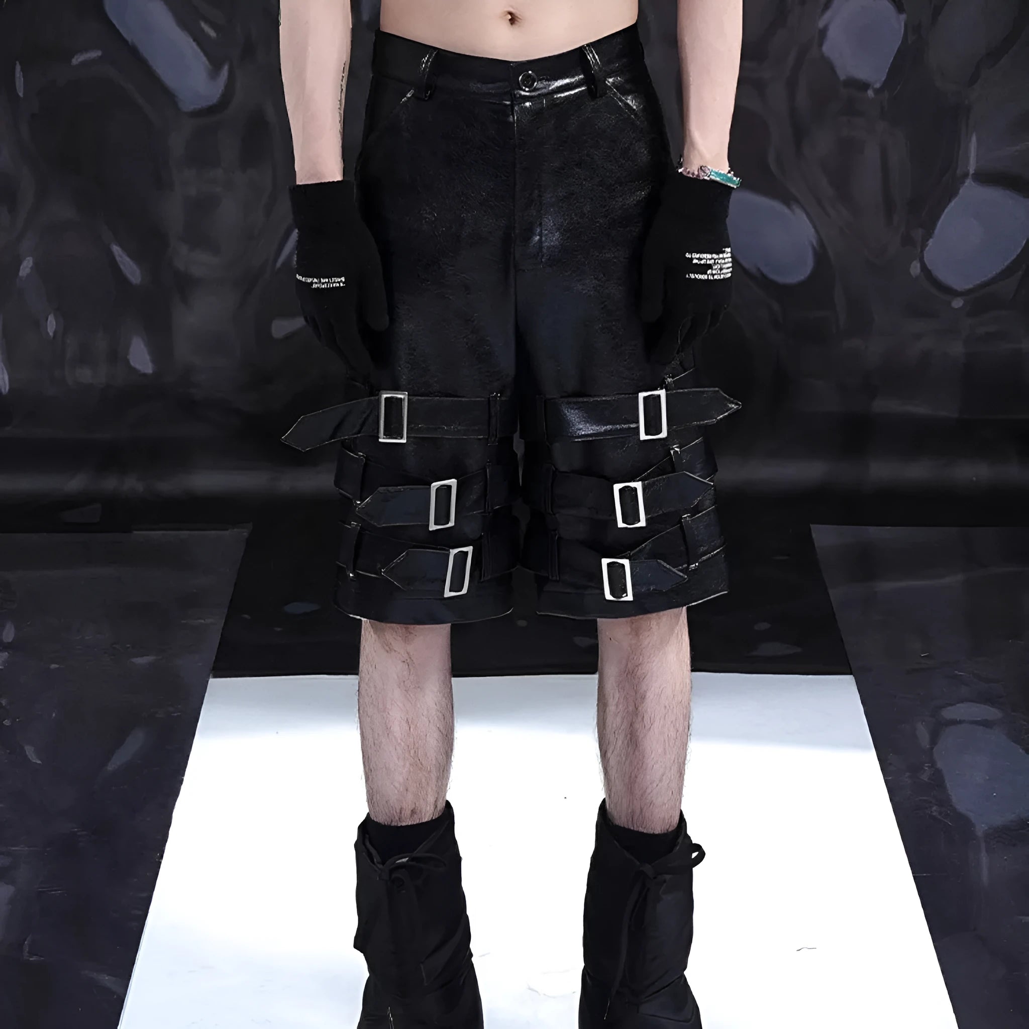 Black men's PU leather cropped pants shorts with medium-low waist and stretch fit