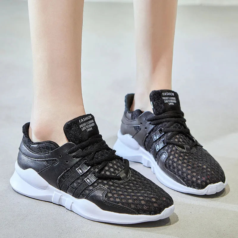 Breathable hollow-out mesh sneakers with low-top design and EVA sole in black and white colour options