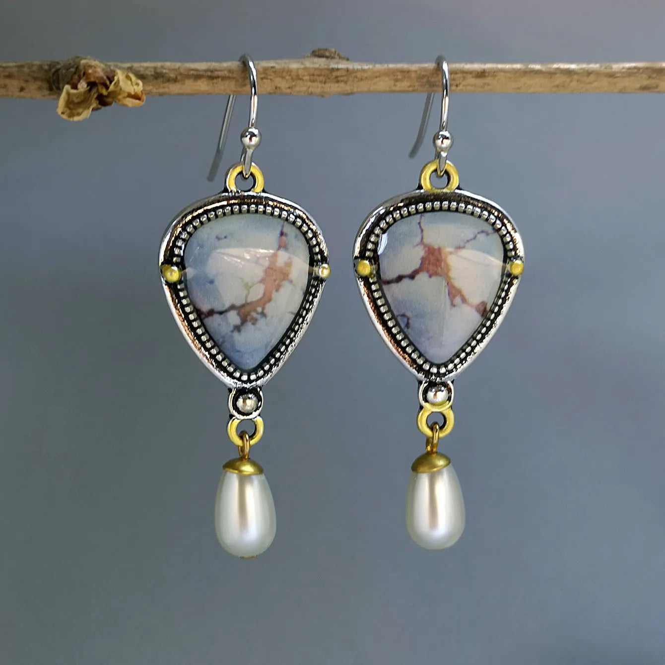 Retro blue geometric drop earrings with synthetic blue opal and white pearl accents
