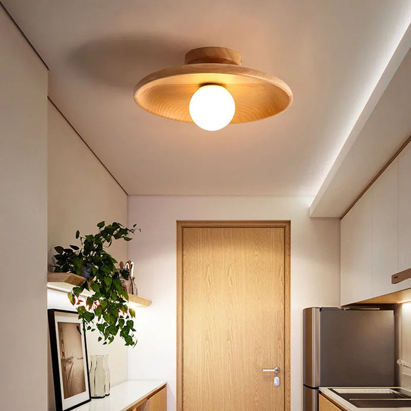 Modern solid wood ceiling lamp with glass shade in wood or walnut finish, available in three sizes.