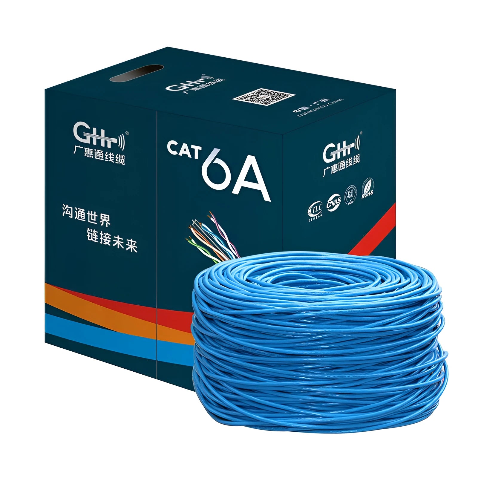 305 metre box of blue Cat6 oxygen-free copper network cable with gigabit and 10GB/S speed labelling