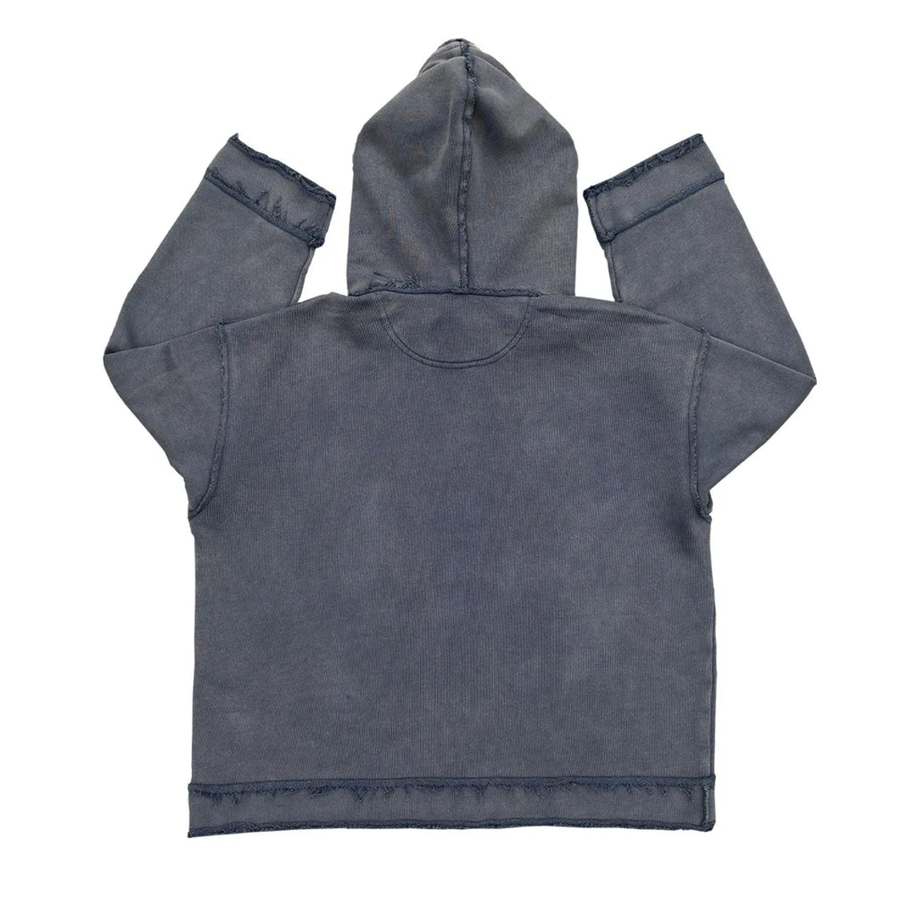 Dark blue hooded sweatshirt with a graphic design on the back, shown in a casual setting.