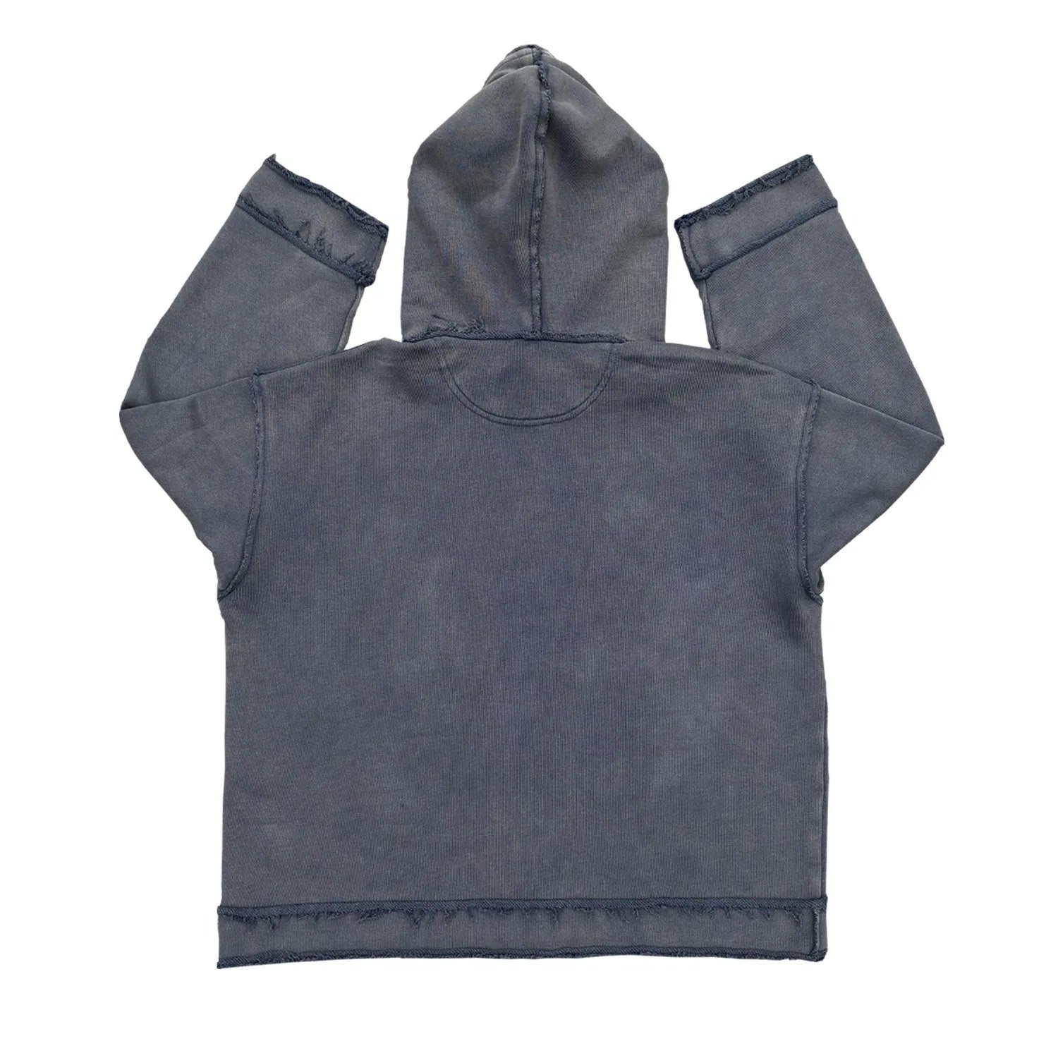 Dark blue hooded sweatshirt with a graphic design on the back, shown in a casual setting.