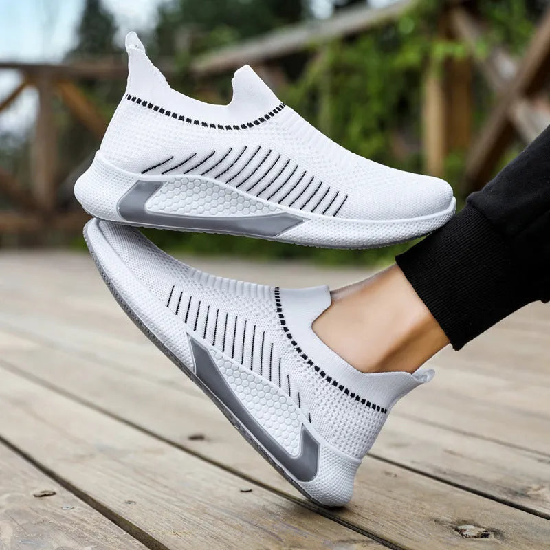Men's striped mesh sock shoes with lace-up front and round toe design