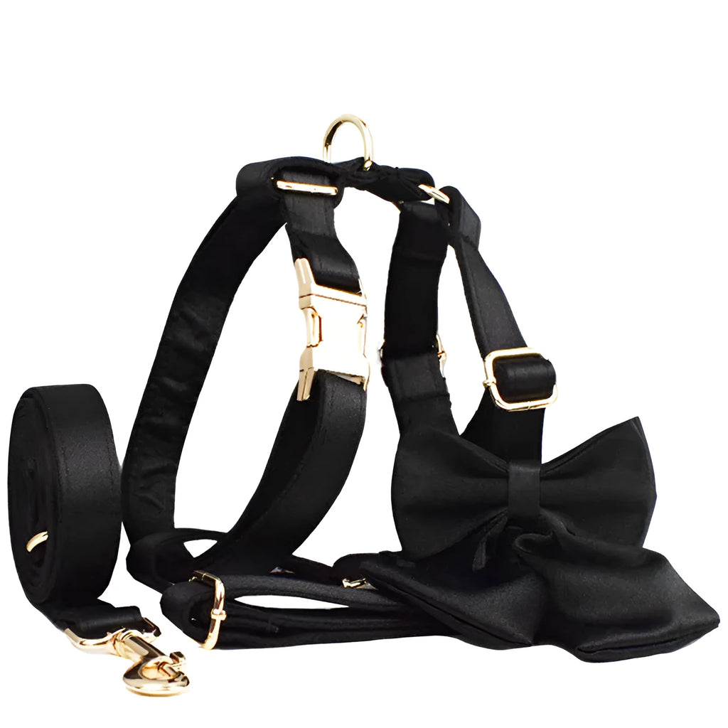 Complete dog accessory set showing collar, rope leash, decorative bow, and vest in coordinating colours