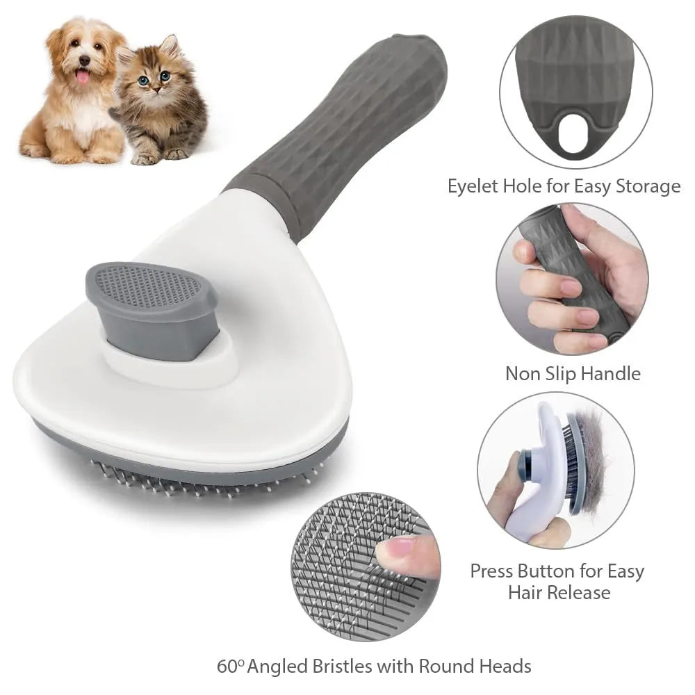 Blue cat grooming brush with a release button for removing collected pet hair.