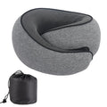 Dark grey U-shaped memory foam neck pillow shown with its storage bag.