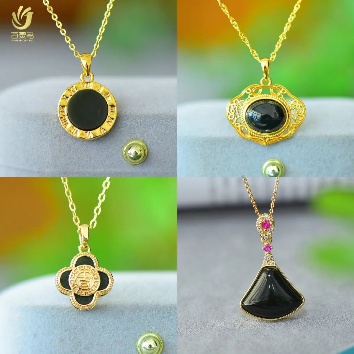 Flat grey Hetian jade pendant with copper metal inlay and small ink blue jade accents on a necklace chain.