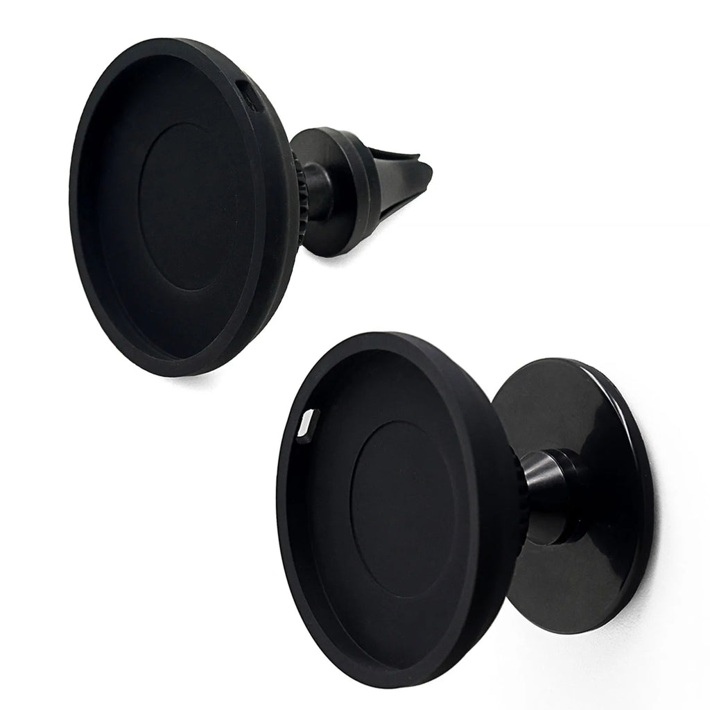 Black car magnetic phone holder mounted on car air vent with phone attached