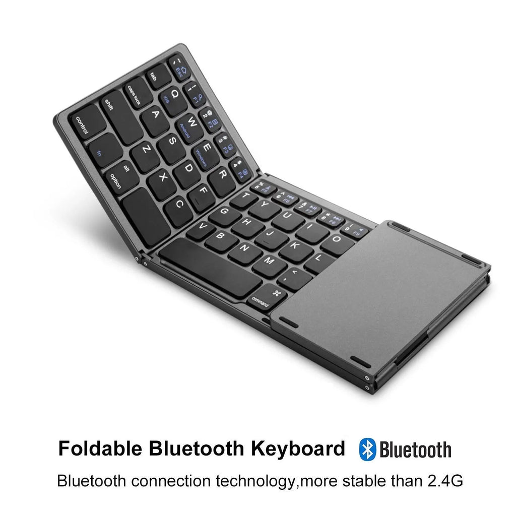 Folded and unfolded views of a black tri-fold portable Bluetooth keyboard on a table.