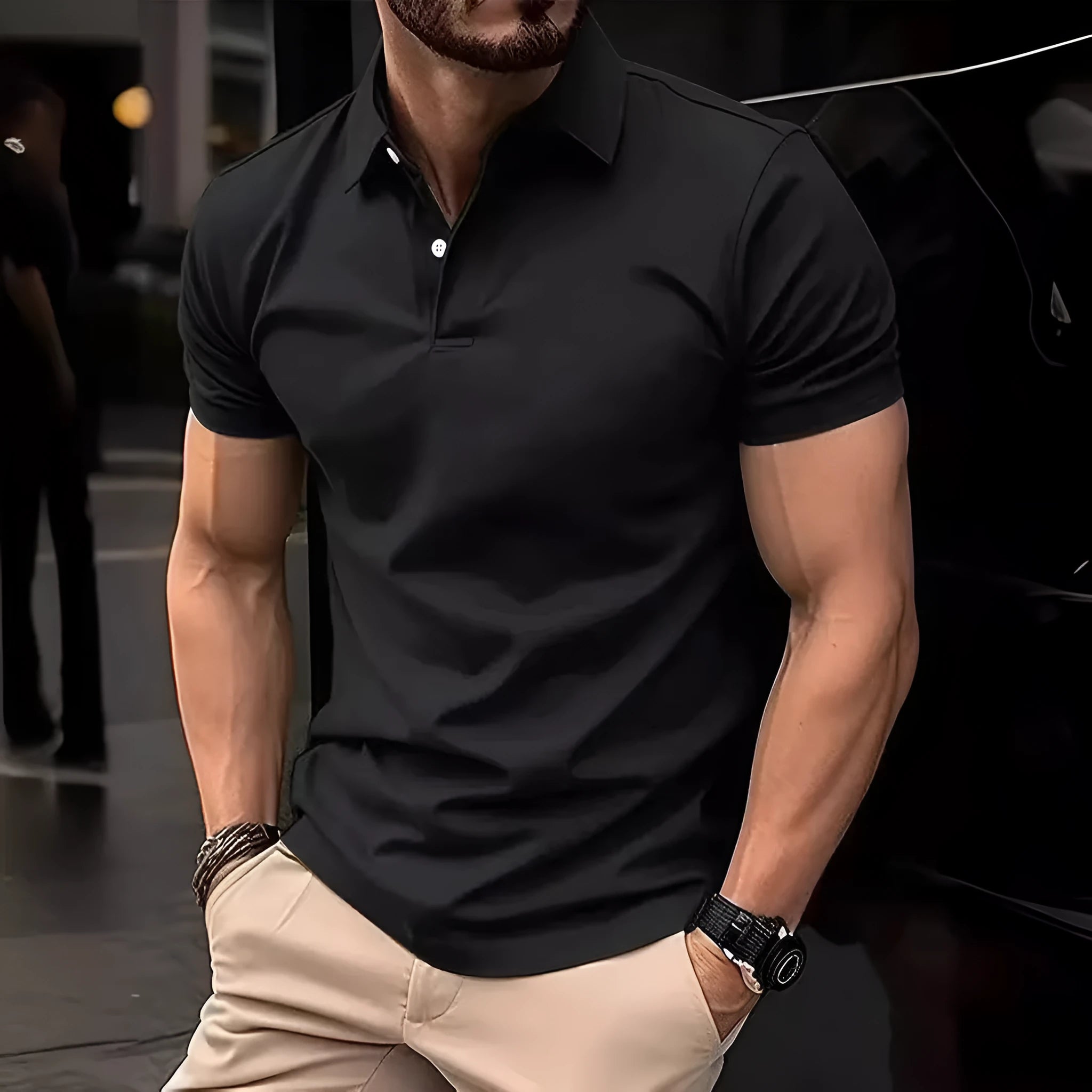 Men's solid colour slim fit short sleeve casual shirt with button front in cotton polyester blend fabric