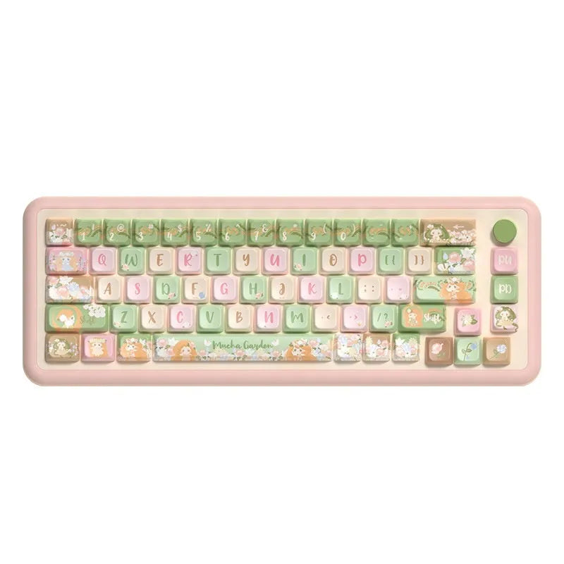 Summer Garden themed mechanical keyboard key cap set showing multiple keys with custom graphics via sublimation printing.