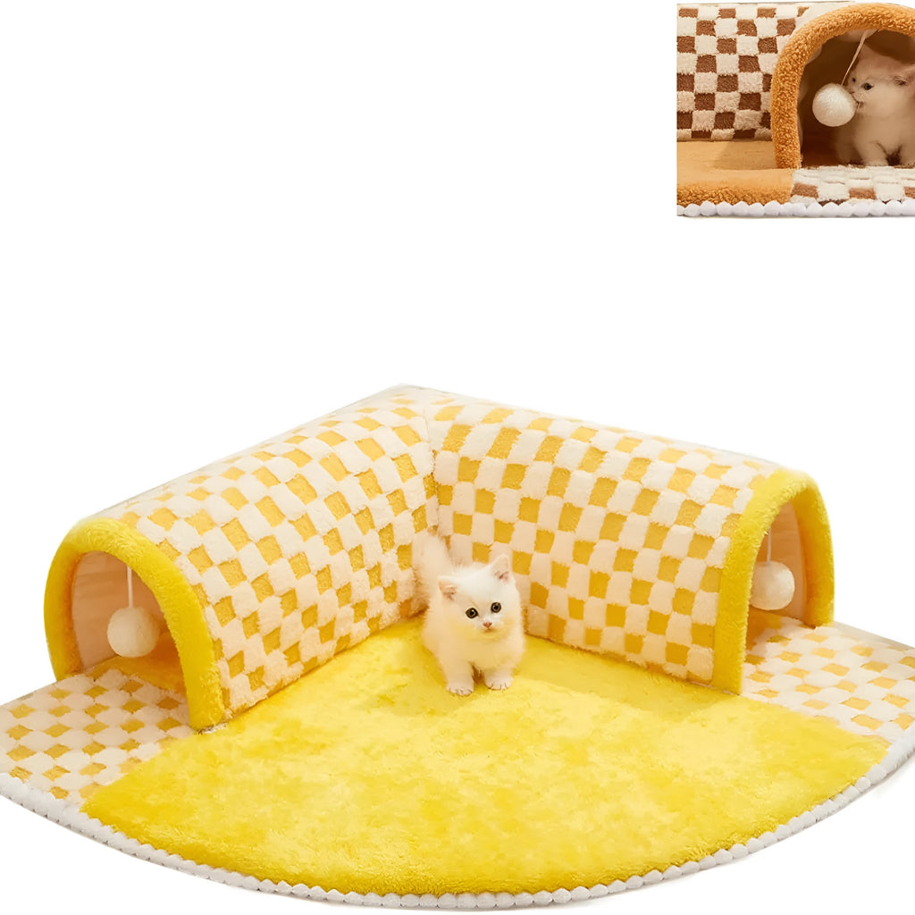 Brown plaid cat tunnel bed with central mat showing collapsible tunnel tube and non-slip bottom