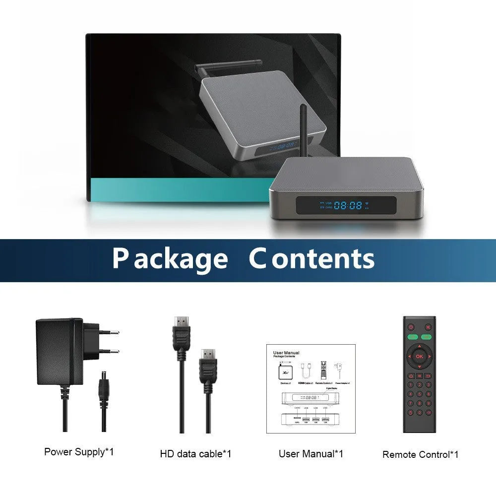 Black Android TV Box with remote, HDMI cable, and power adapter for 8K streaming.