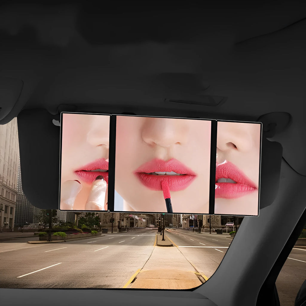 Silver car folding makeup mirror shown both closed and opened, with ABS plastic frame and glass mirror.