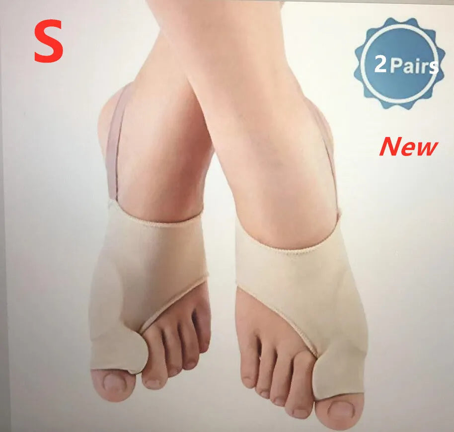 Pair of beige corrective toe socks with a clear silicone gel bunion pad and toe separator.