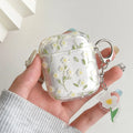 Transparent TPU AirPods case cover with white floral design showing compatibility with multiple Apple AirPods models