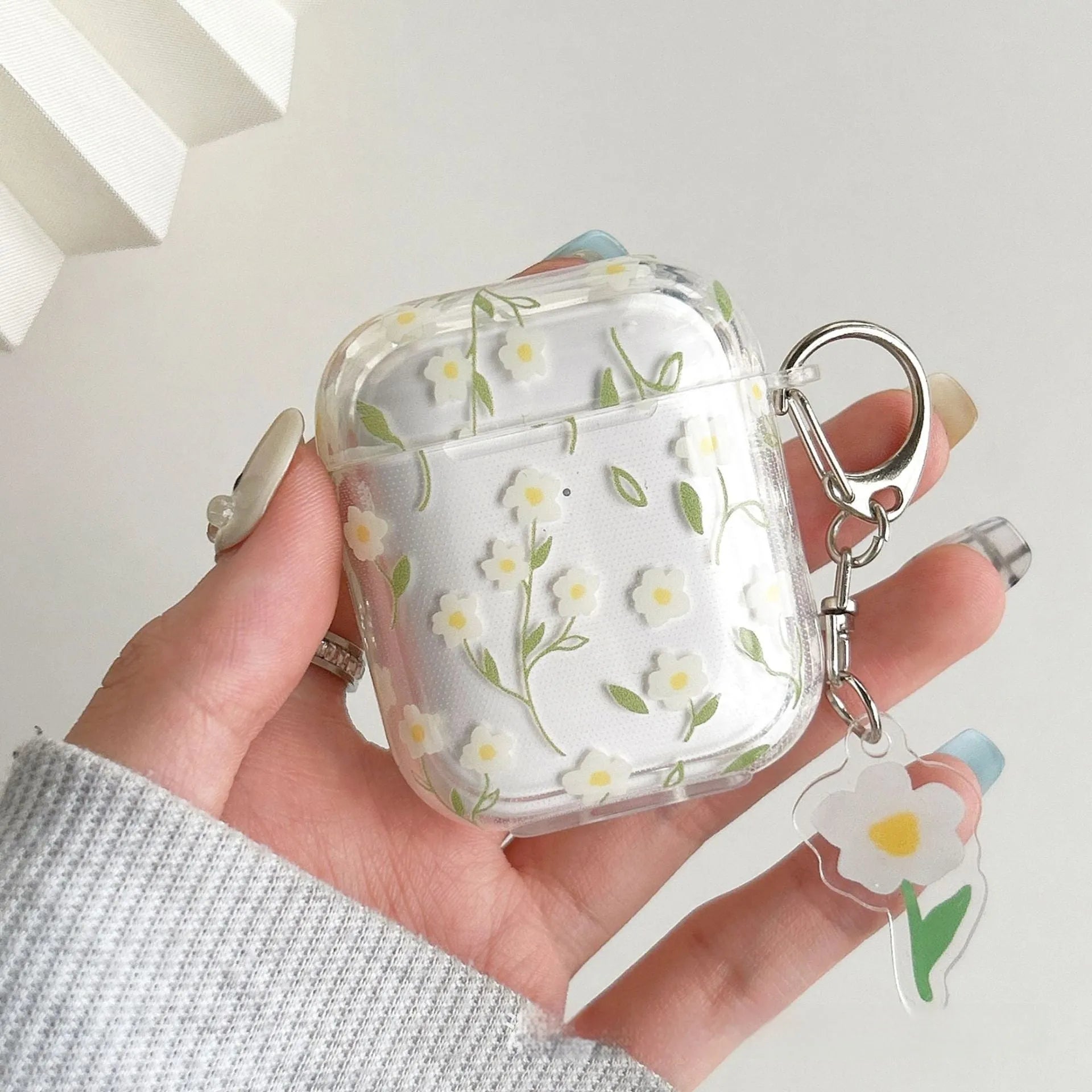Transparent TPU AirPods case cover with white floral design showing compatibility with multiple Apple AirPods models