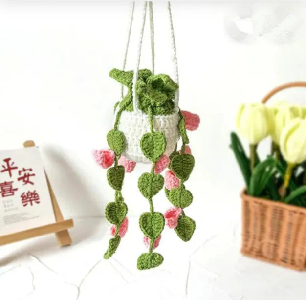 Knitted green and white car plant decoration with hanging rope