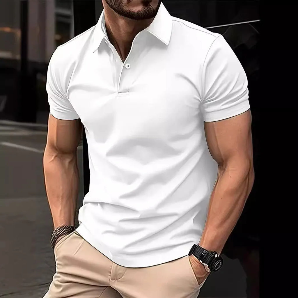 Men's solid colour slim fit short sleeve casual shirt with button front in cotton polyester blend fabric