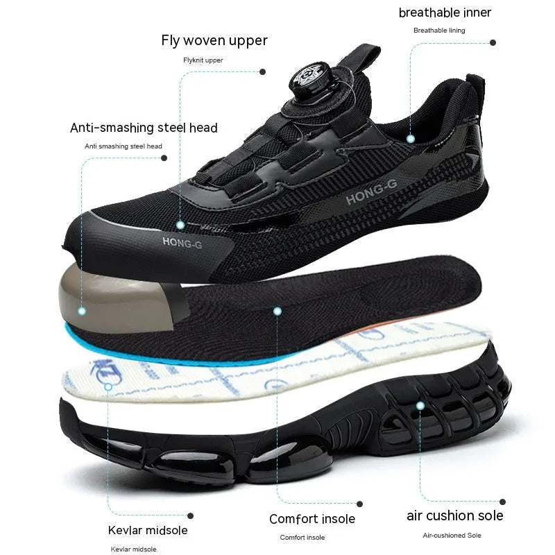 Low-top black safety work shoes with laces, a steel toe cap, and an anti-puncture sole.