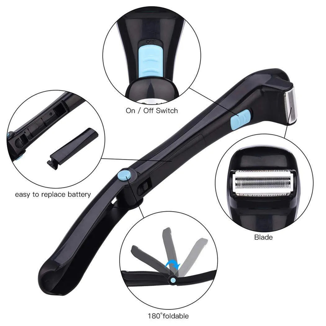 Black folding body electric shaver for personal grooming, shown in open and closed positions.