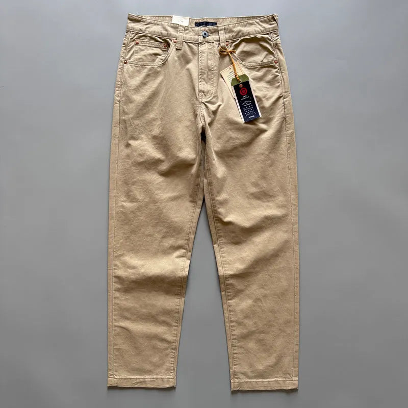 Men's straight-leg casual cotton trousers in army green colour on a mid-waist fit model.