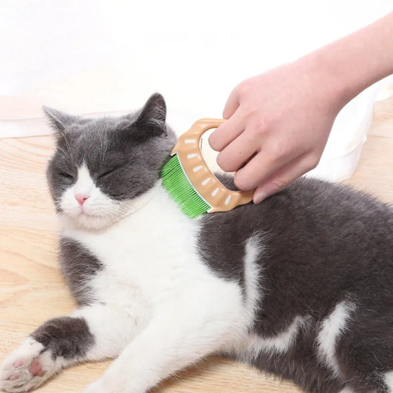 Green shell-shaped pet grooming brush with fine bent wire bristles and an anti-slip handle.