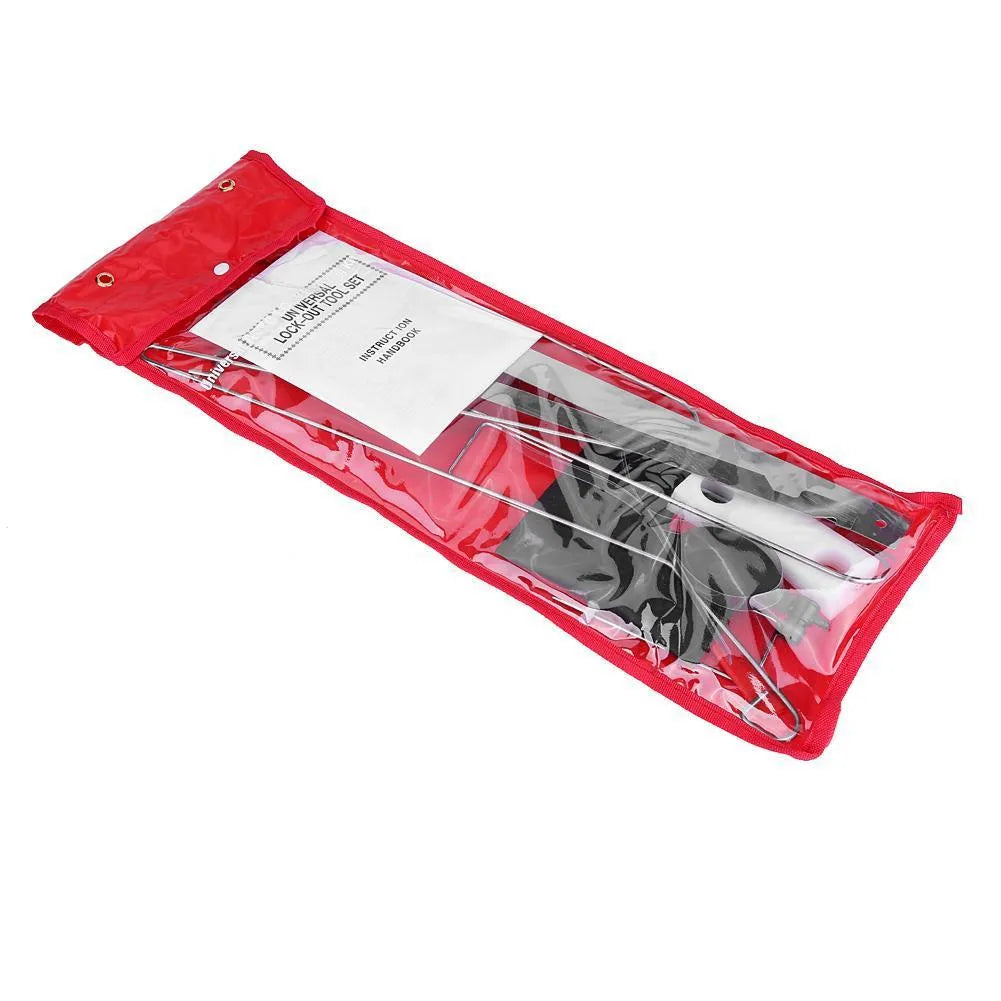 9-piece automotive emergency tool kit with air pump wedge, plastic wedges, and metal crowbars