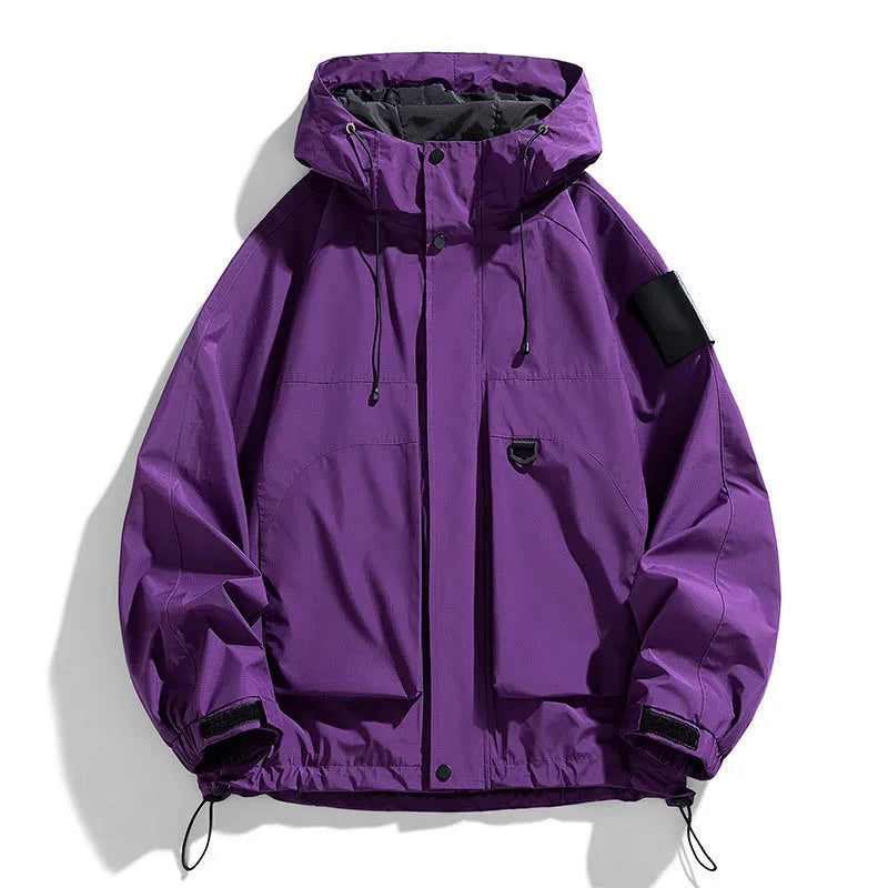 Men's black waterproof windproof hooded jacket on a hanger